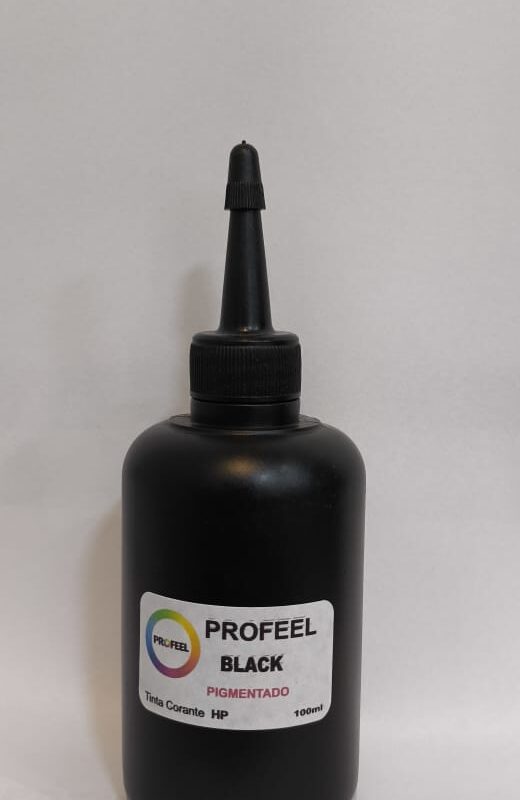 Tinta Profeel preta pigmentada para impressoras HP, frasco de 100ml. Impressões nítidas, resistentes à água e de alta durabilidade por R$ 37,00.